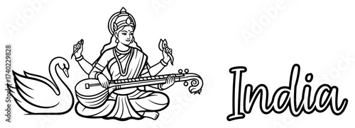 Goddess Saraswati Playing Veena Line Art Vector