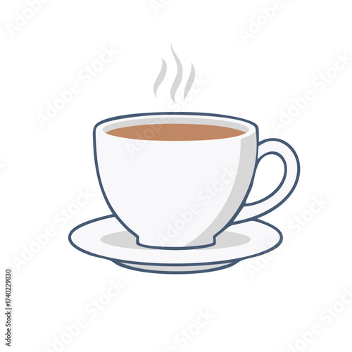 Hot coffee or tea beverage in a white porcelain cup on a saucer with rising steam graphic
