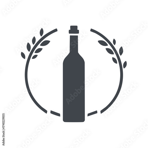 Alcoholic beverage bottle icon with laurel wreath and leaves signifies premium quality drinks