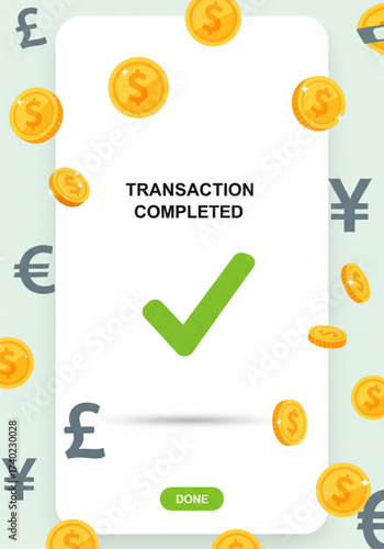 Digital wallet transaction completed successfully on a mobile phone screen, with gold coins and world currency symbols representing global finance
