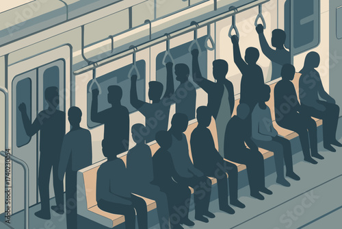Crowded hanging subway interior straps silhouettes train seats standing scene illustration vector
