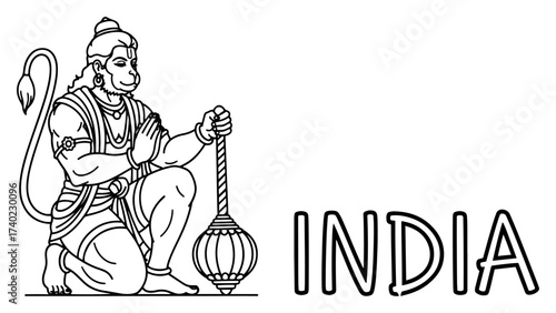 Hanuman with Gada and India Typography Line Art Vector