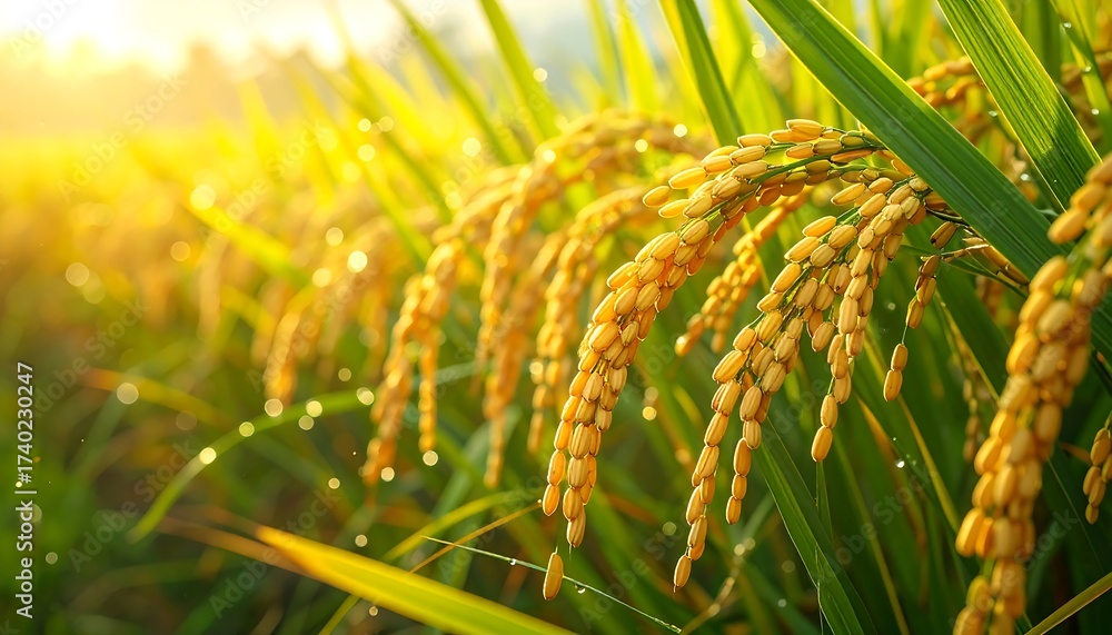 Naklejka premium Close-up of Rice Plants with Golden Grains and Beautiful Sunlight