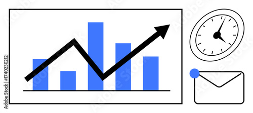 Bar chart with an upward arrow showing progress, clock symbolizing time, and envelope for communication. Ideal for growth, business, productivity, analytics, strategy, deadlines and engagement