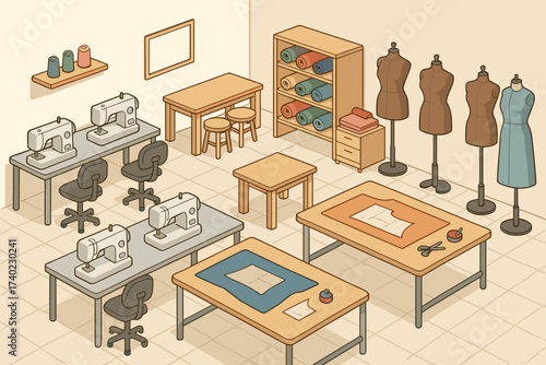 Tailoring layout sewing machines studio mannequins tables fabrics illustration vector rolls