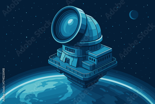 Space telescope floating illustration massive lens earth observatory vector futuristic
