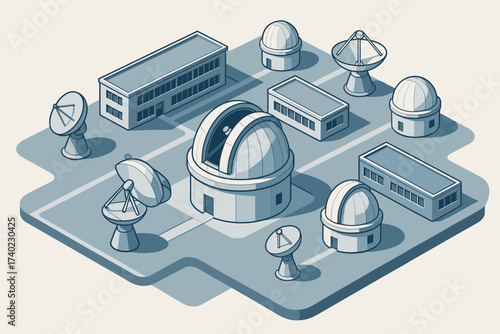 Complex dishes satellite domes multiple buildings vector research modern illustration observatory