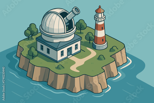 Domed nearby lighthouse island illustration vector observatory scene ocean roof telescope