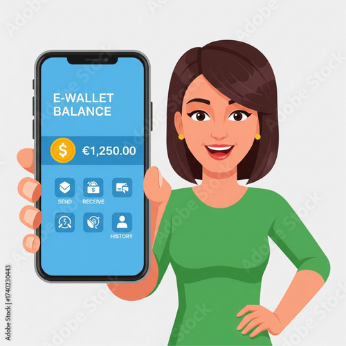 Cheerful woman holding a smartphone displaying a positive e-wallet balance, highlighting the convenience of secure digital financial transactions and modern mobile banking