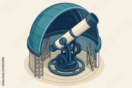 Ladders modern telescope mechanism rotating aimed interior illustration vector observatory dome gears