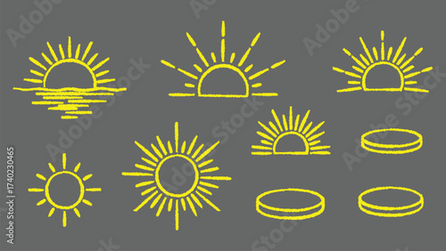 Set of yellow sun and sunrise on a gray background hand drawn sun