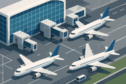 Modern nearby building illustration planes airport geometric gates glass vector parked