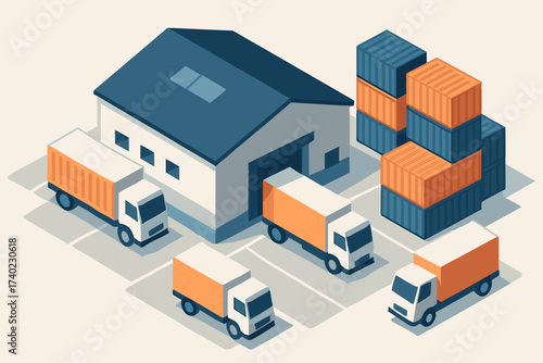 Containers delivery scene trucks stacked outside illustration vector stylized factory arranged warehouse