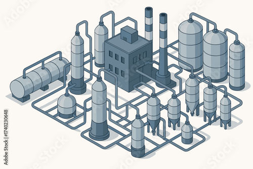 Illustration tanks pipelines interconnected layout cylindrical vector chemical plant isometric silos