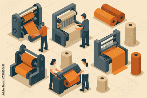 Rolls illustration production line workers fabric simplified factory textile looms vector