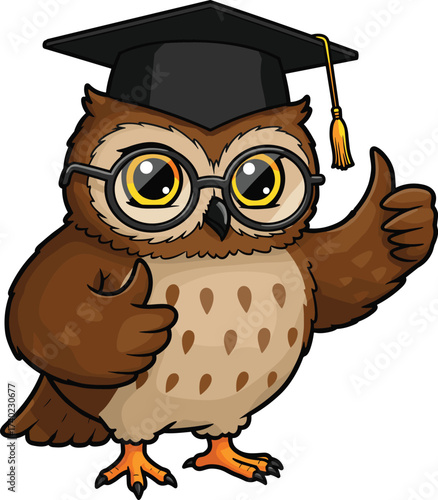 Cartoon owl, graduation cap, eyeglasses, thumbs up, academic bird, education mascot, wise animal, school success, learning symbol, cute illustration