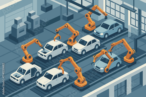 Vehicles stylized illustration robotic assembling line car manufacturing assembly hall vector arms