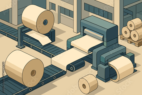 Cutting geometric machines rolls system paper conveyor vector illustration mill isometric