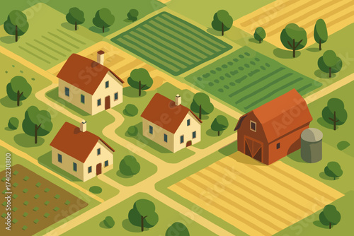 Divided barn vector fields illustration village nearby cottages isometric plots farmland into