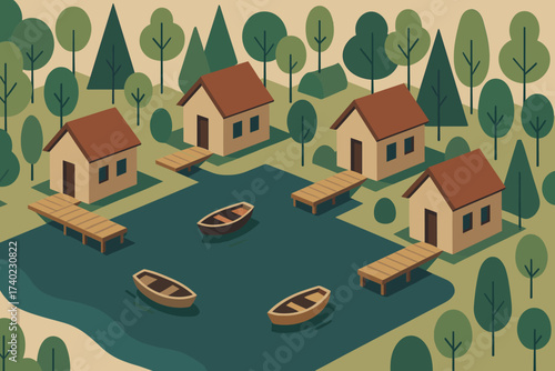 Boats trees lakeside vector village water isometric illustration stylized docks cottages geometric