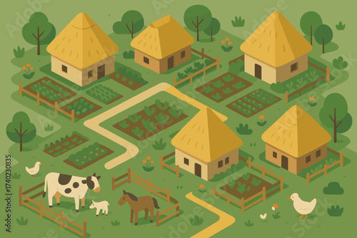 Scene gardens houses thatched vector animals village simplified roof fences cluster isometric
