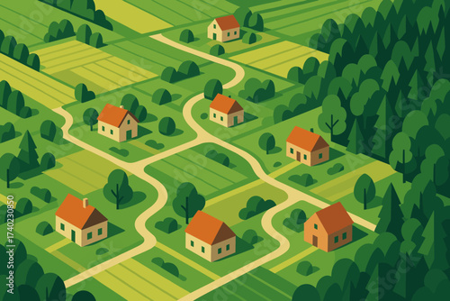 Small fields houses illustration forest panorama vector isometric settlement village rural overview
