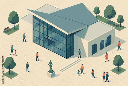 Visitors vector angular illustration museum stylized glass roof building modern plaza