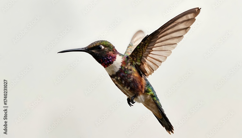 Fototapeta premium Hummingbird in flight on a light background - detailed portrait of a wild bird