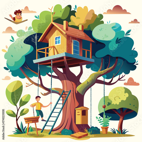 Children s treehouse adventure with swings and a ladder