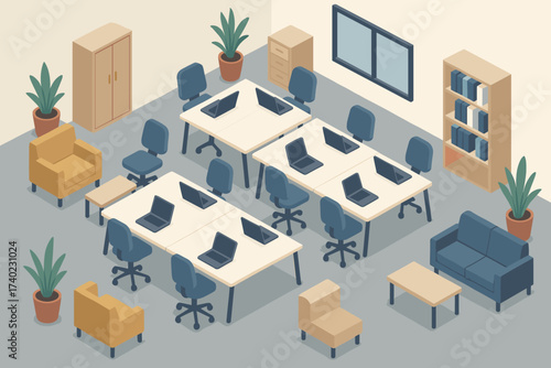 Lounge corners illustration coworking vector laptops modern space shared desks small