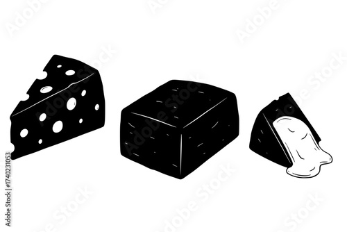 Black Vector Silhouette: Set of Three Assorted Cheese Wedges	