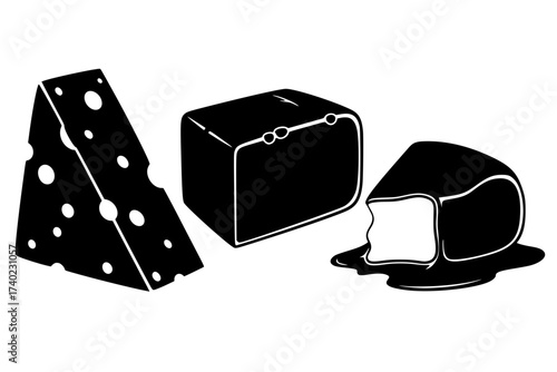 Black Vector Silhouette: Set of Three Assorted Cheese Wedges	