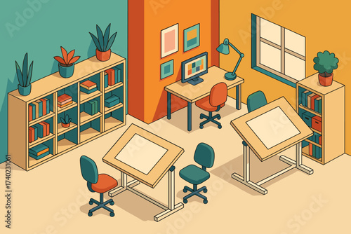 Creative drafting illustration colorful tables vector walls open design shelves studio