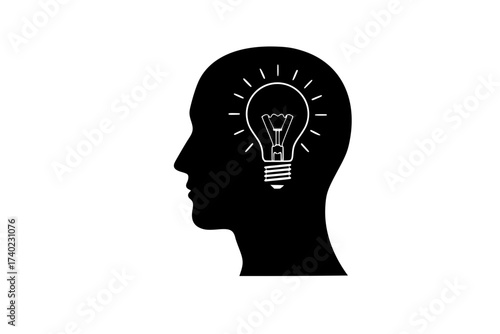 Black Vector Silhouette: Head in Profile with Lightbulb filament	