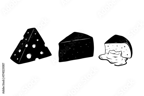 Black Vector Silhouette: Set of Three Assorted Cheese Wedges	