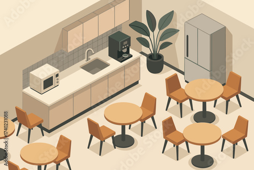 Break coffee kitchenette modern chairs vector breakroom illustration machine geometric office room