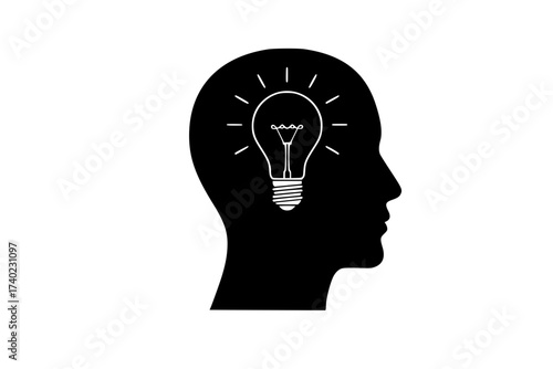 Black Vector Silhouette: Head in Profile with Lightbulb filament	