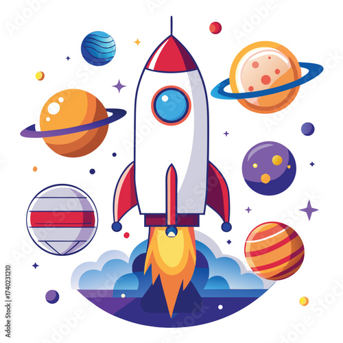 Cartoon rocket launching into space with planets and stars