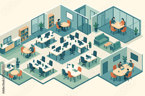 Zones meeting layout including break view panoramic illustration modern rooms vector office