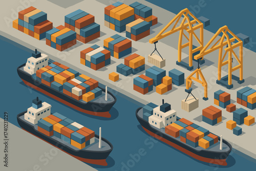 Scene ships harbor cargo illustration containers cranes stacked unloading vector shipping isometric