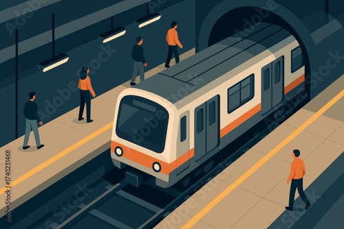 Subway lights passengers tunnel illustration underground train entering vector platform