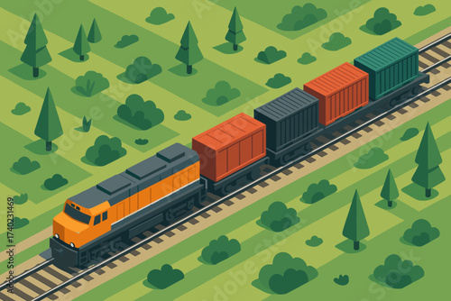 Cargo transporting train vector countryside wagons flatbed isometric illustration boxcars through