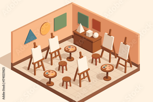 Room walls geometric palettes shapes vector easels paint classroom art illustration isometric
