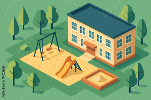 Slide school stylized illustration isometric vector sandbox trees geometric swings playground