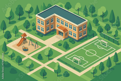 Vector isometric entire complex playground field sports main panoramic illustration school overview