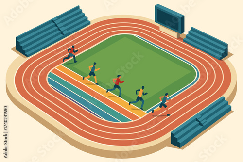 Colorful stylized vector field illustration track athletics lanes isometric stadium circling green