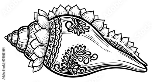 Ornate Shankha Conch Shell with Lotus Line Art Vector