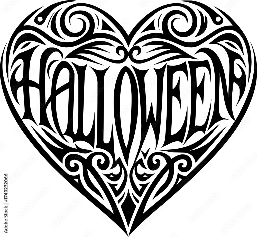 Obraz premium Spooky Halloween heart with tribal swirl patterns for t-shirts, posters, invitations, or decorations, celebrating the spirit of All Hallows' Eve
