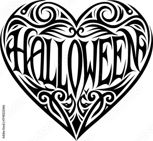 Spooky Halloween heart with tribal swirl patterns for t-shirts, posters, invitations, or decorations, celebrating the spirit of All Hallows' Eve