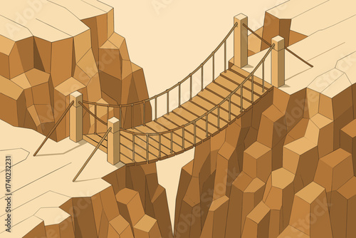 Cliffs isometric canyon bridge both crossing vector suspension illustration sides geometric